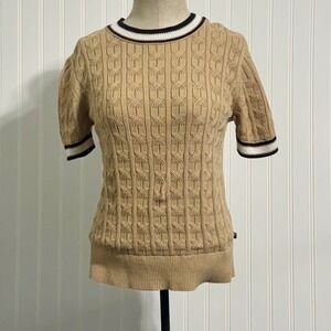 Tommy Hilfiger Medium Camel Cable Knit Sweater Short Sleeve Striped Trim Preppy